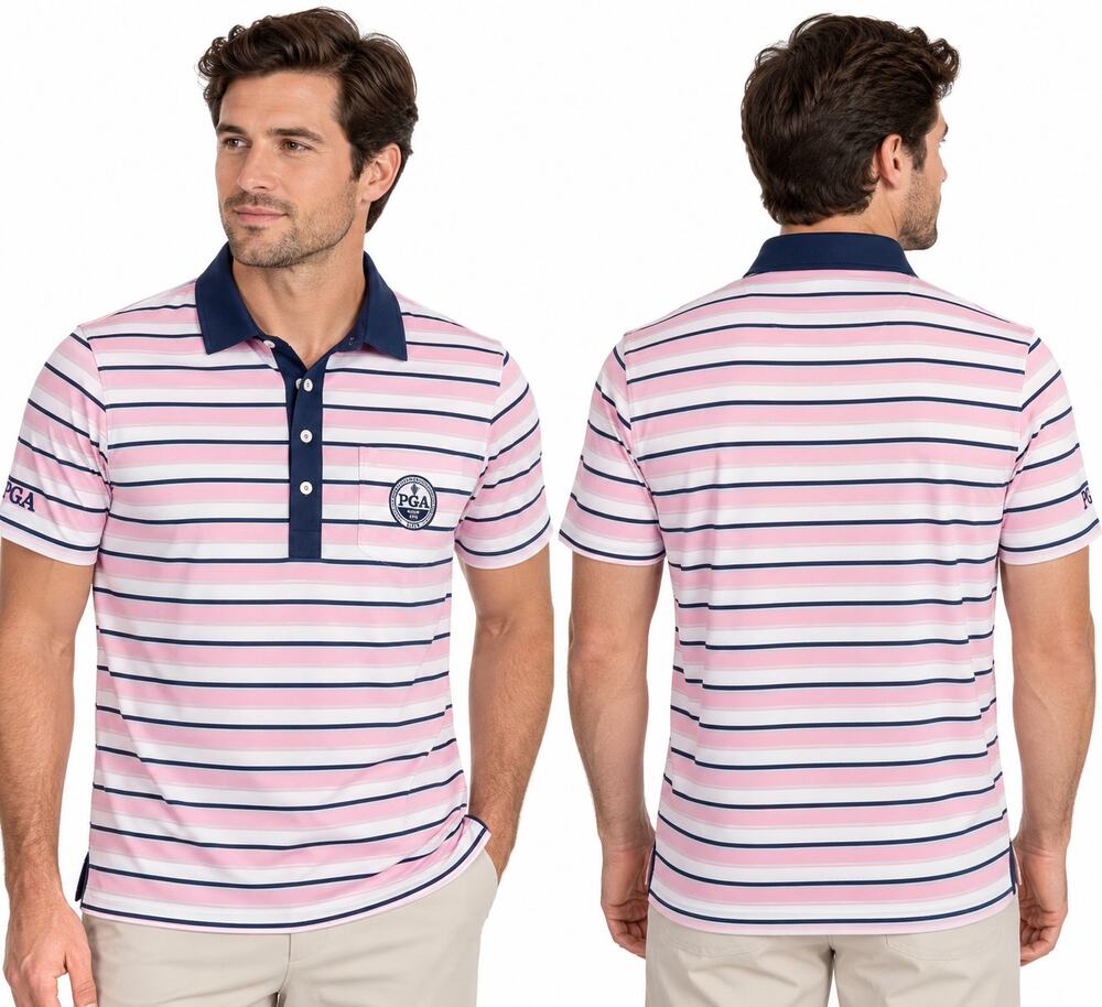 RLX Ralph Lauren PGA of America Men's L Pink Stripe Performance Golf Polo